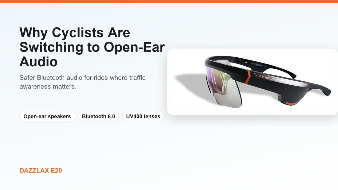 Dazzlax E20 black open-ear audio cycling glasses with RX insert support