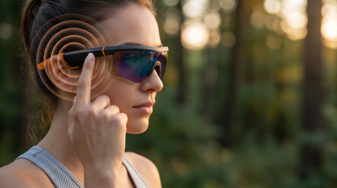 Open-ear audio sunglasses for outdoor cycling awareness