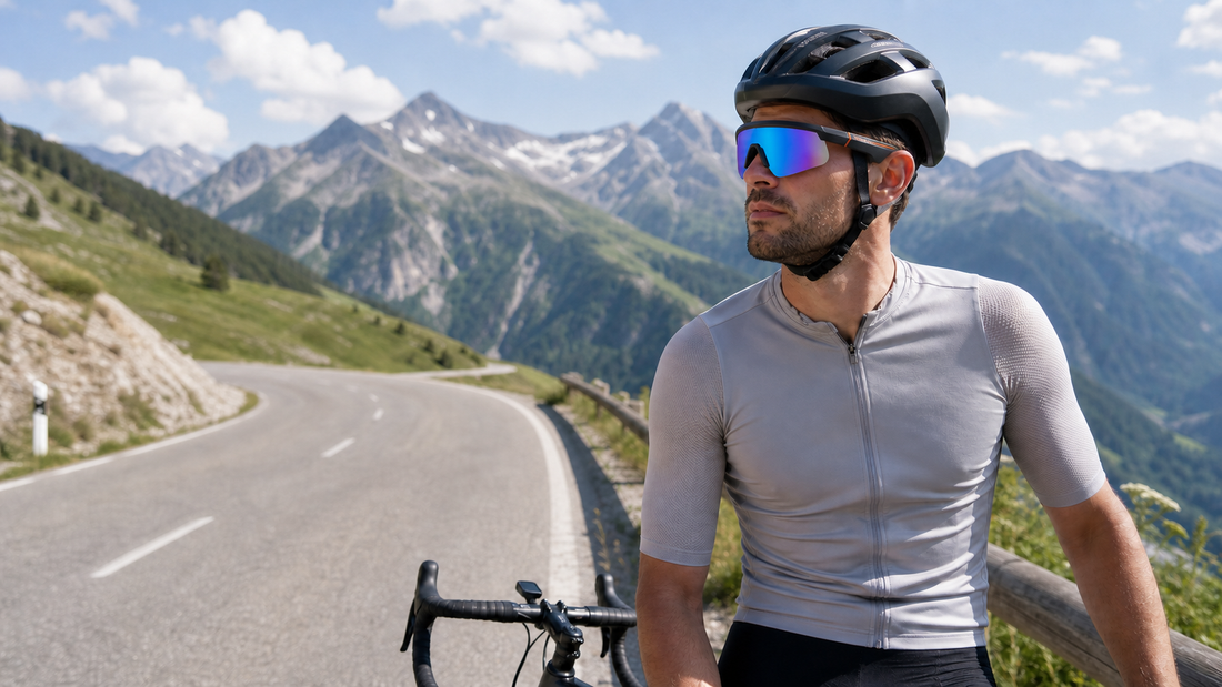 Cyclist wearing open-ear audio cycling glasses on an alpine road