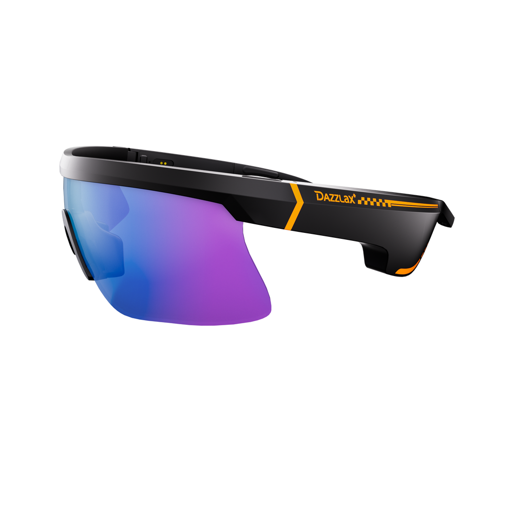 Side view of Dazzlax E20 sports smart glasses with built-in open-ear speakers